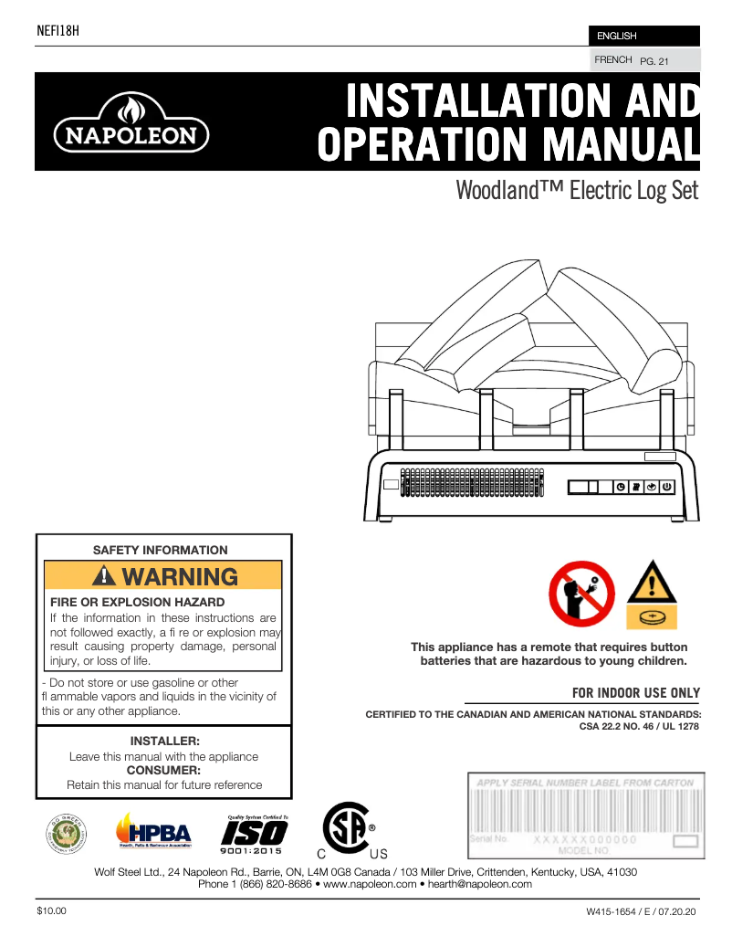 Image de la première page du manuel de l'appareil Woodland NEFI18H