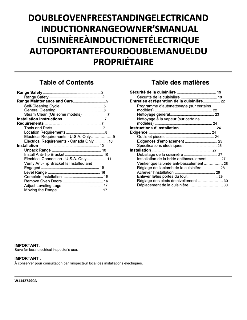 Page 1 de la notice Guide de démarrage rapide Whirlpool WGE745C0FS