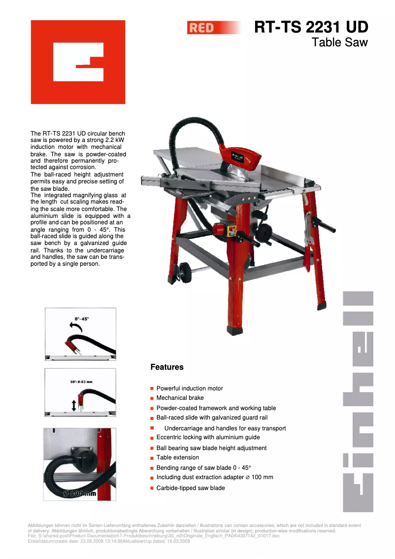 Page n°1 - Manuel utilisateur Einhell RT-TS 2231 UD