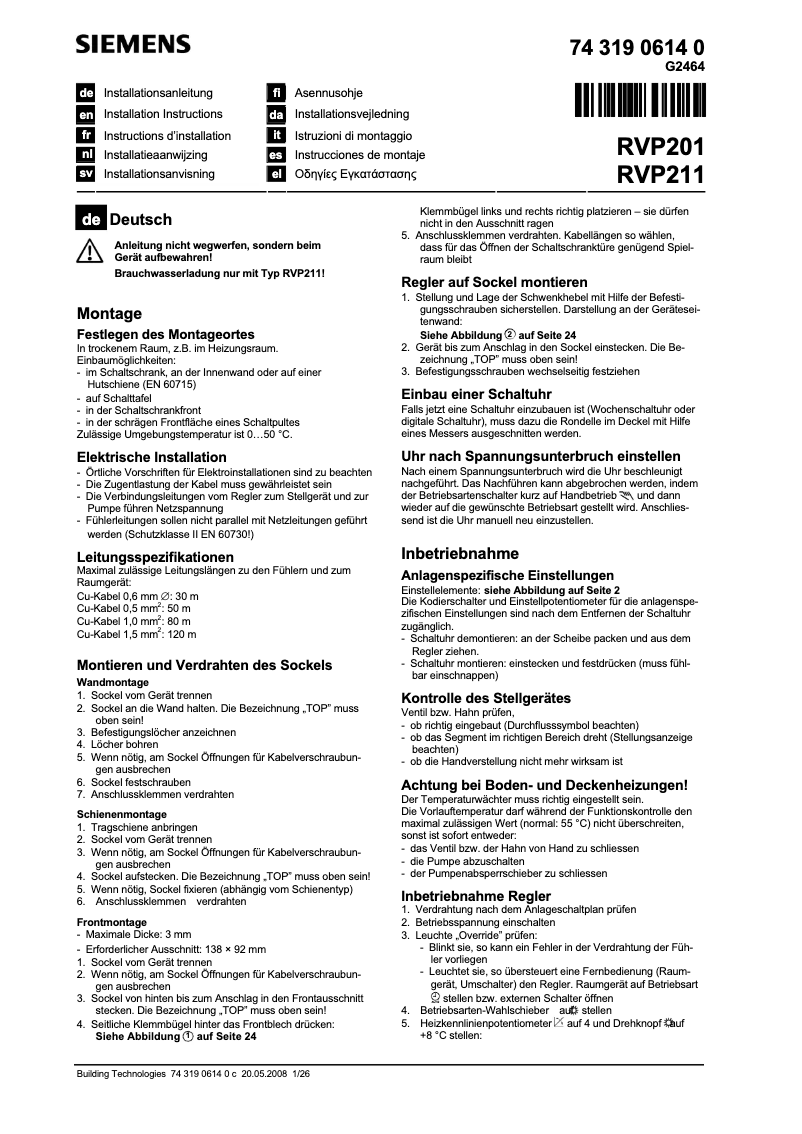 Page 1 de la notice Manuel utilisateur Siemens RVP201