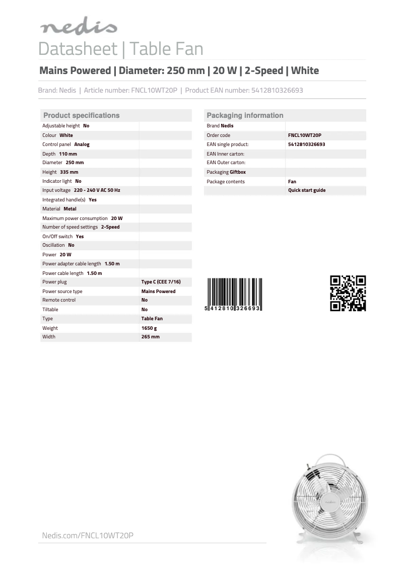 Page n°1 - Manuel utilisateur Nedis FNCL10WT20P