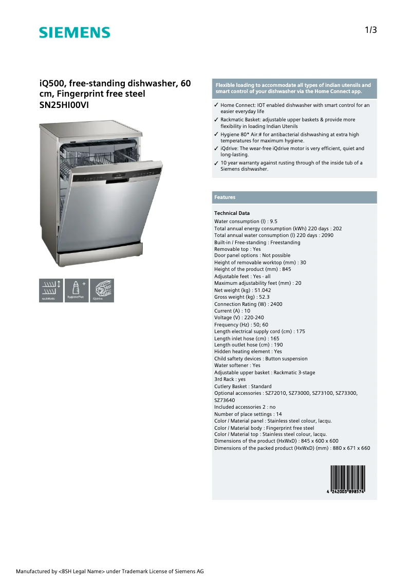 Page 1 de la notice Manuel utilisateur Siemens SN25HI00VI