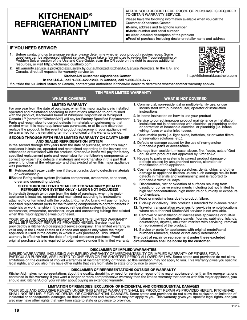 Page n°1 - Informations de garantie KitchenAid KRFC302EPA