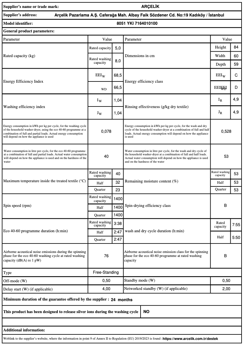 Page 1 de la notice Fiche technique Arçelik 8051 YKI