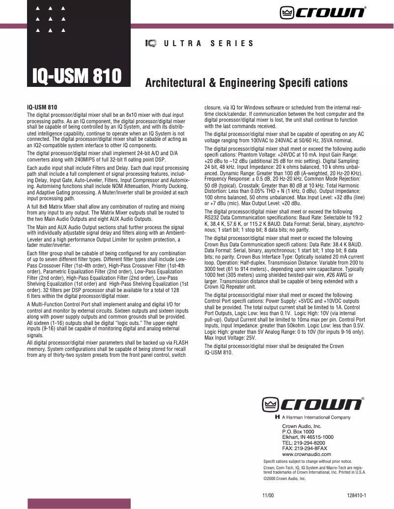 Page n°1 - Fiche technique Crown IQ-USM 810