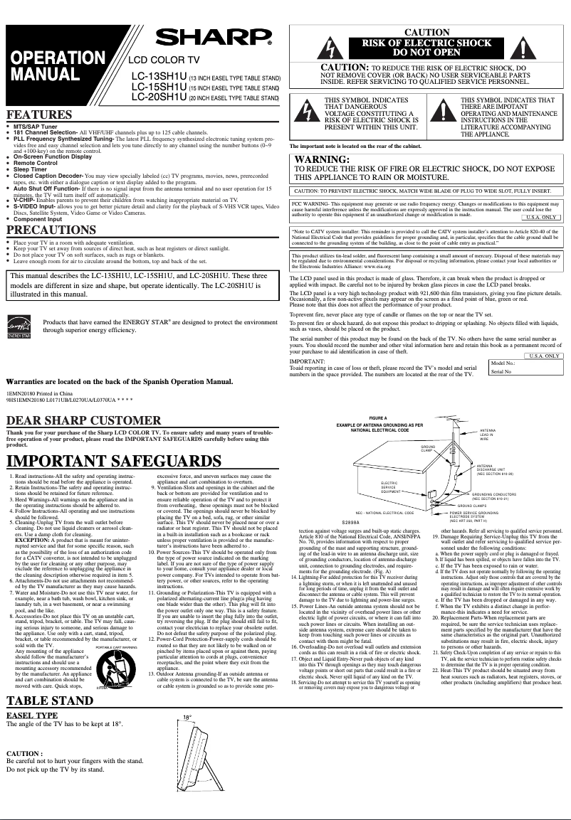 Page n°1 - Manuel utilisateur Sharp Aquos LC-15SH1U