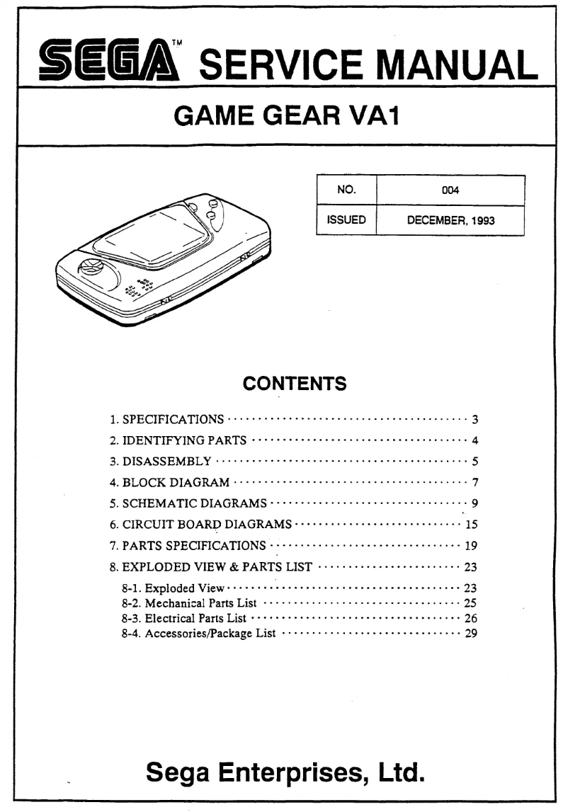 Page 1 de la notice Manuel utilisateur Sega Game Gear VA1