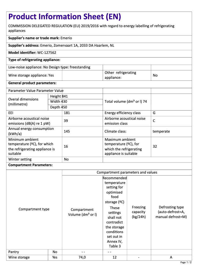 Page 1 de la notice Fiche technique Emerio WC-127562
