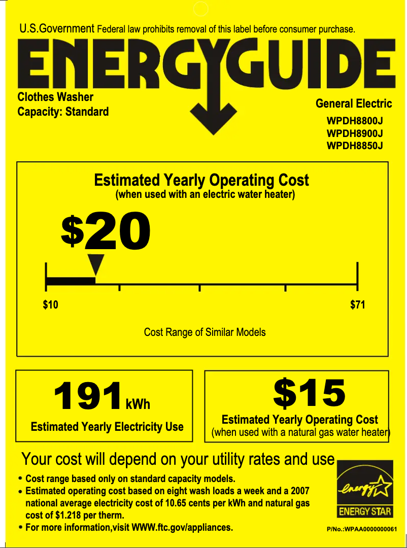 Page 1 de la notice Label énergétique GE WPDH8800JMG