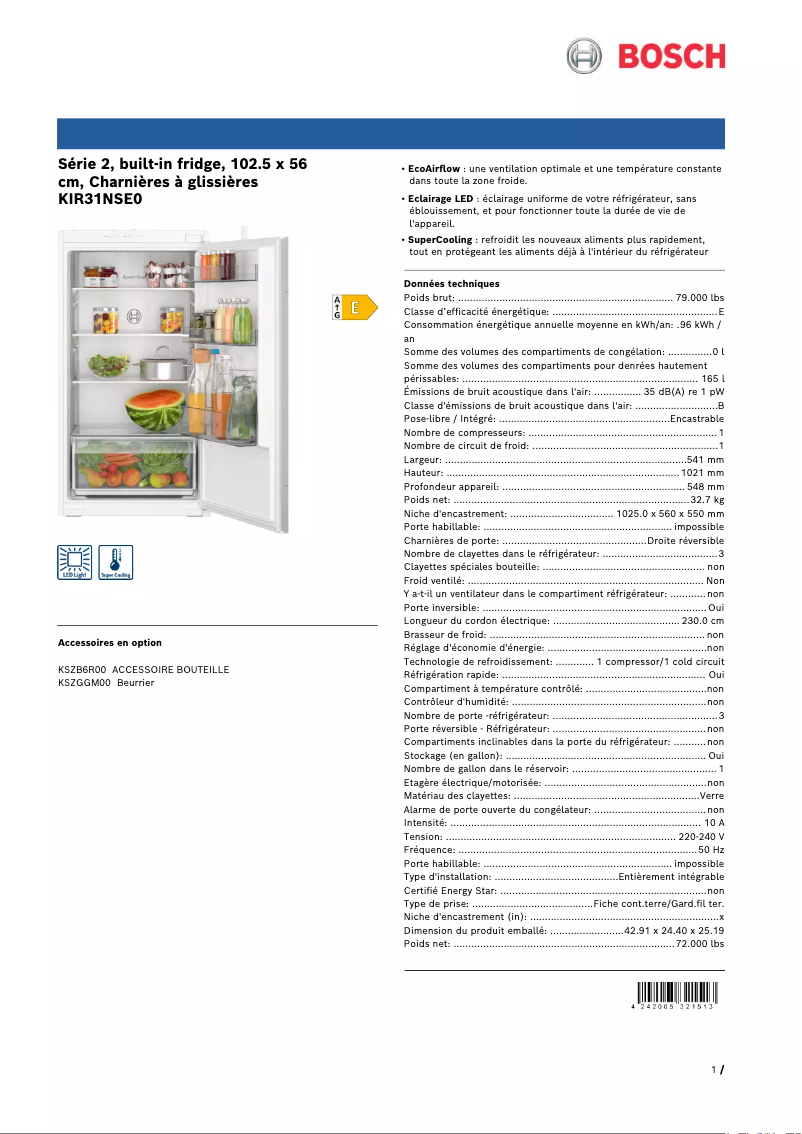 Page n°1 - Fiche technique Bosch KIR31NSE0