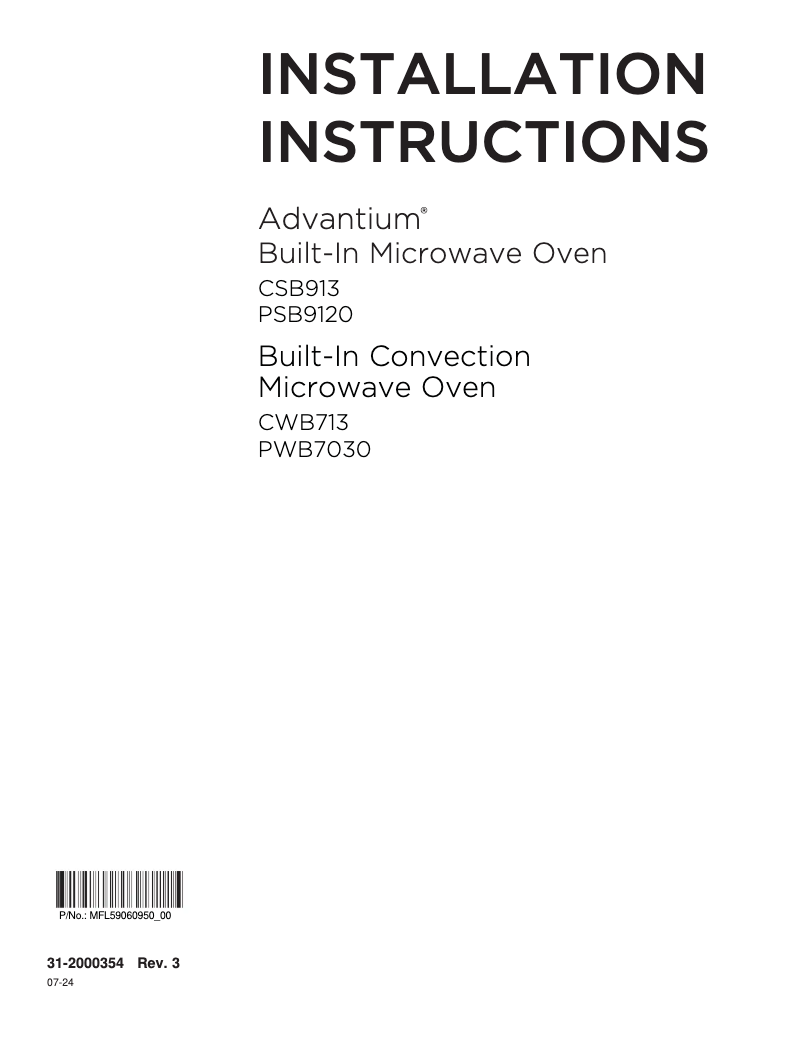 Page n°1 - Guide d'installation GE Profile PWB7030SVSS