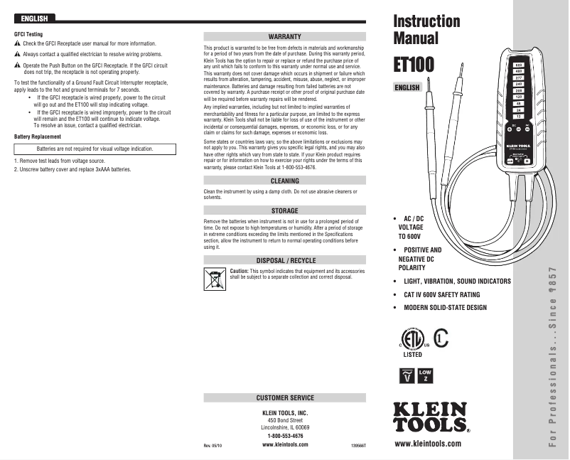 Page 1 de la notice Manuel utilisateur Klein Tools ET100