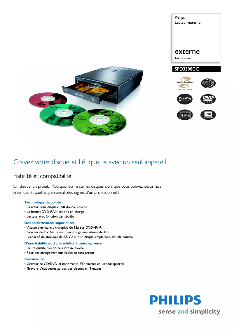 Page n°1 - Fiche technique Philips SPD3300CC