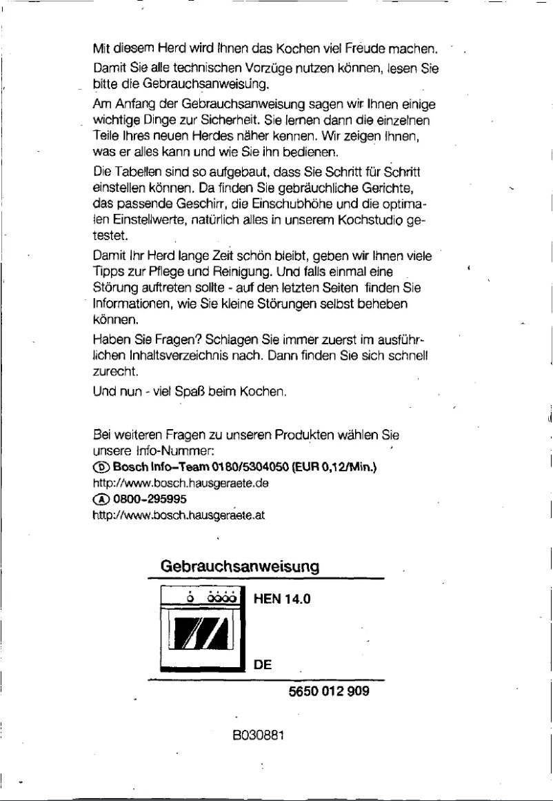 Page 1 de la notice Manuel utilisateur Bosch HEN1400