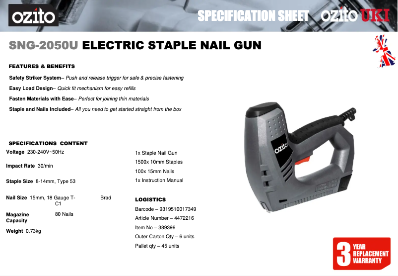 Page n°1 - Fiche technique Ozito SNG-2050U