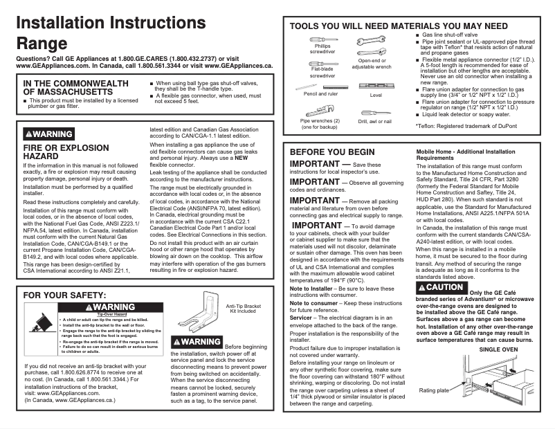 Page 1 de la notice Guide d'installation GE JGS760BELTS