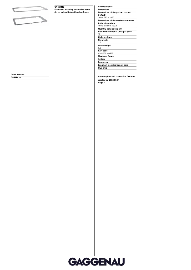Page 1 of the manual Technical Sheet Gaggenau CA429410