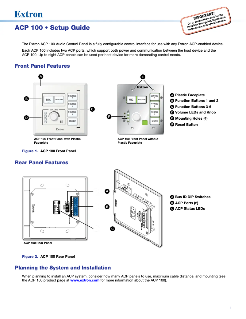 Page 1 de la notice Manuel utilisateur Extron ACP 100