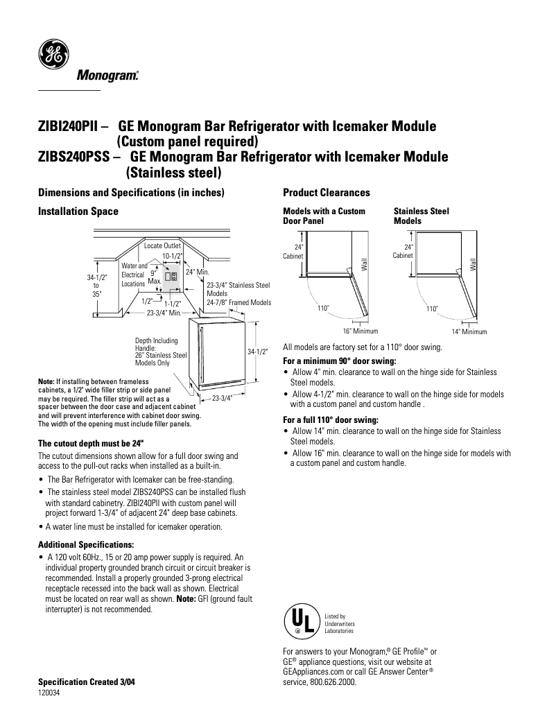 Page 1 de la notice Fiche technique GE ZIBI240PII