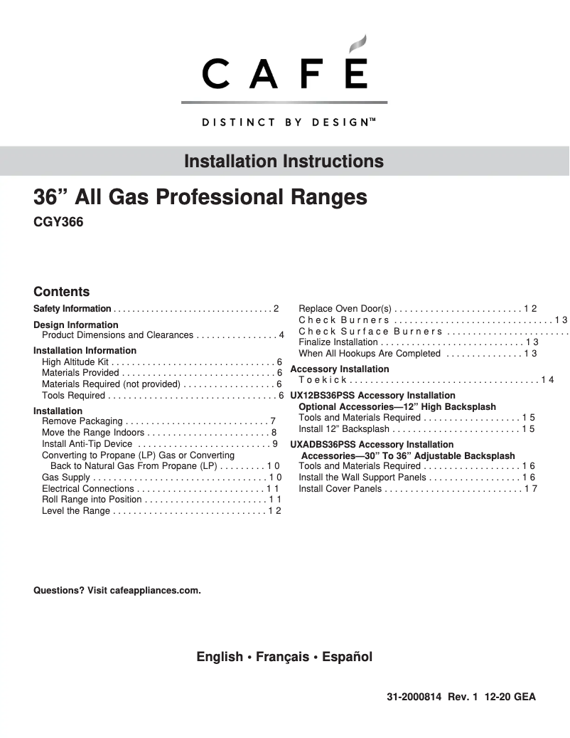 Página 1 del manual Guía de instalación GE CGY366P3TD1