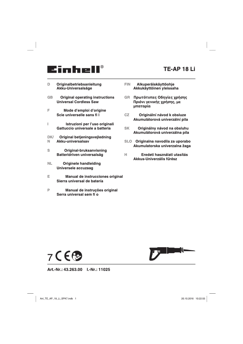 Page n°1 - Manuel utilisateur Einhell TE-AP 18 Li
