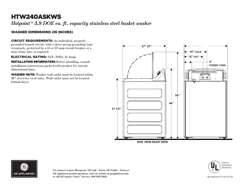 Page 1 de la notice Fiche technique GE HTW240ASKWS