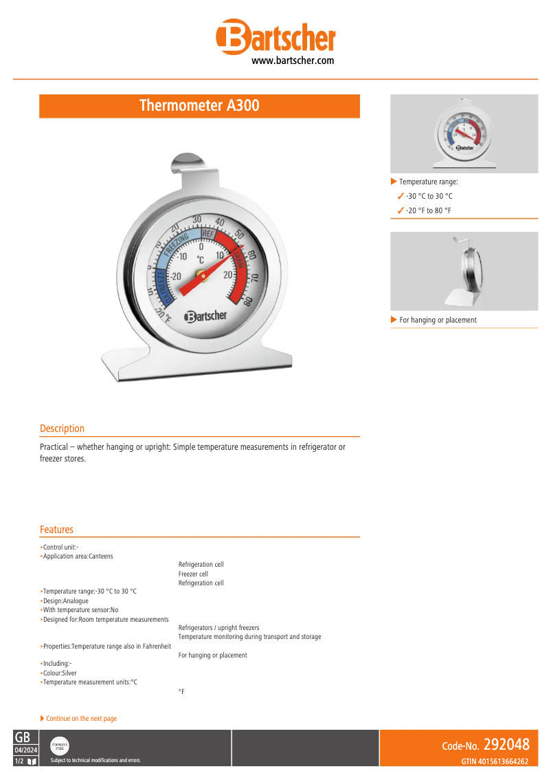 Page 1 de la notice Manuel utilisateur Bartscher A300