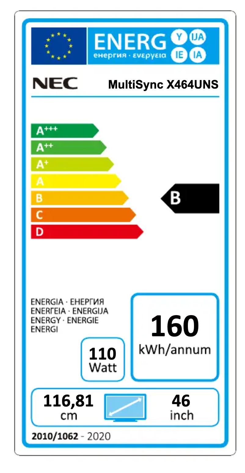 Page 1 de la notice Label énergétique NEC MultiSync X464UNS