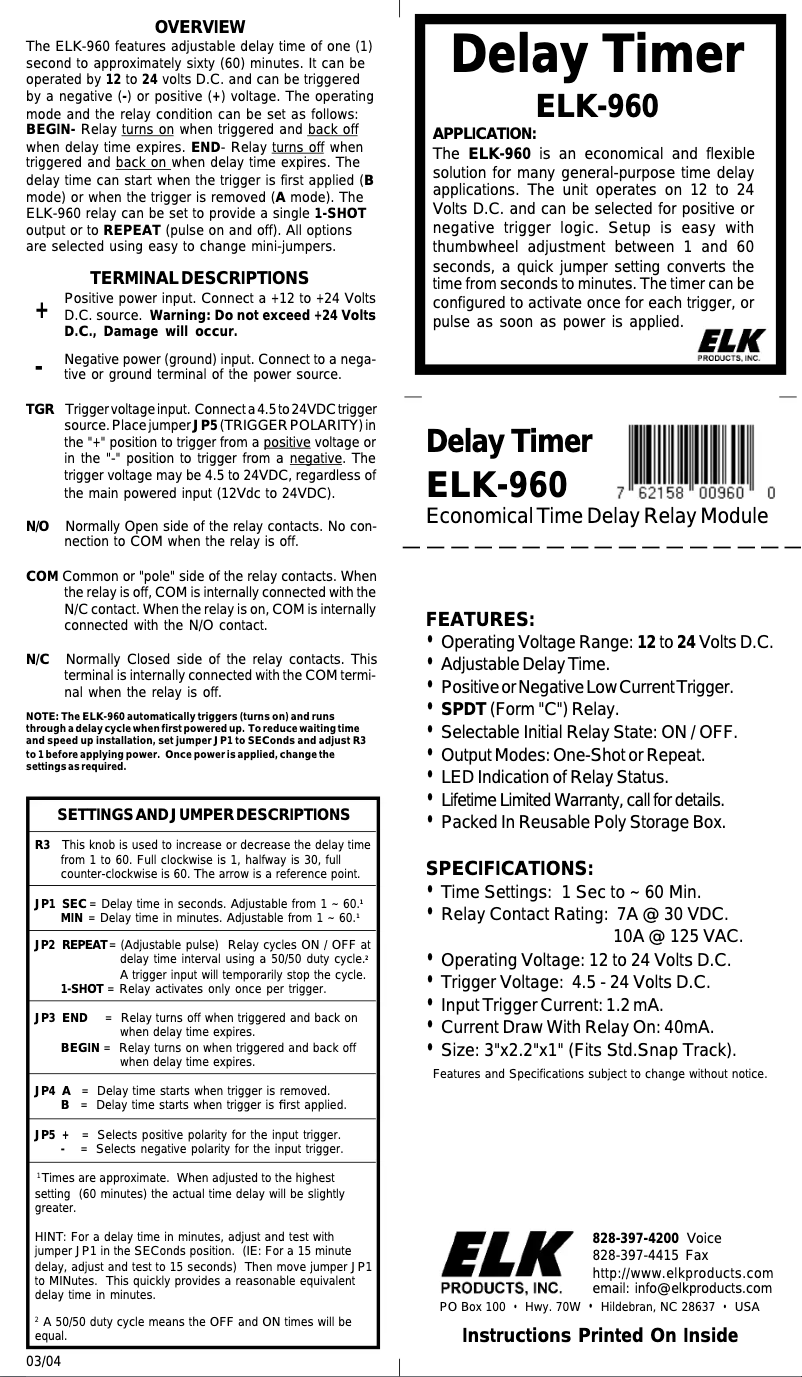 Page 1 de la notice Manuel utilisateur ELK ELK-960