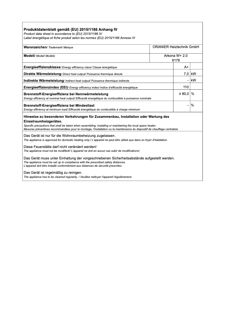 Page 1 de la notice Fiche technique Oranier Arkona W+ 2.0