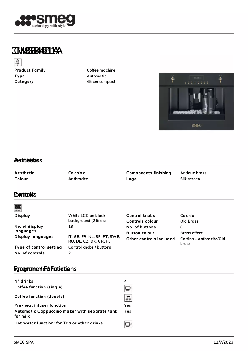 Page n°1 - Fiche technique Smeg CMS8451A