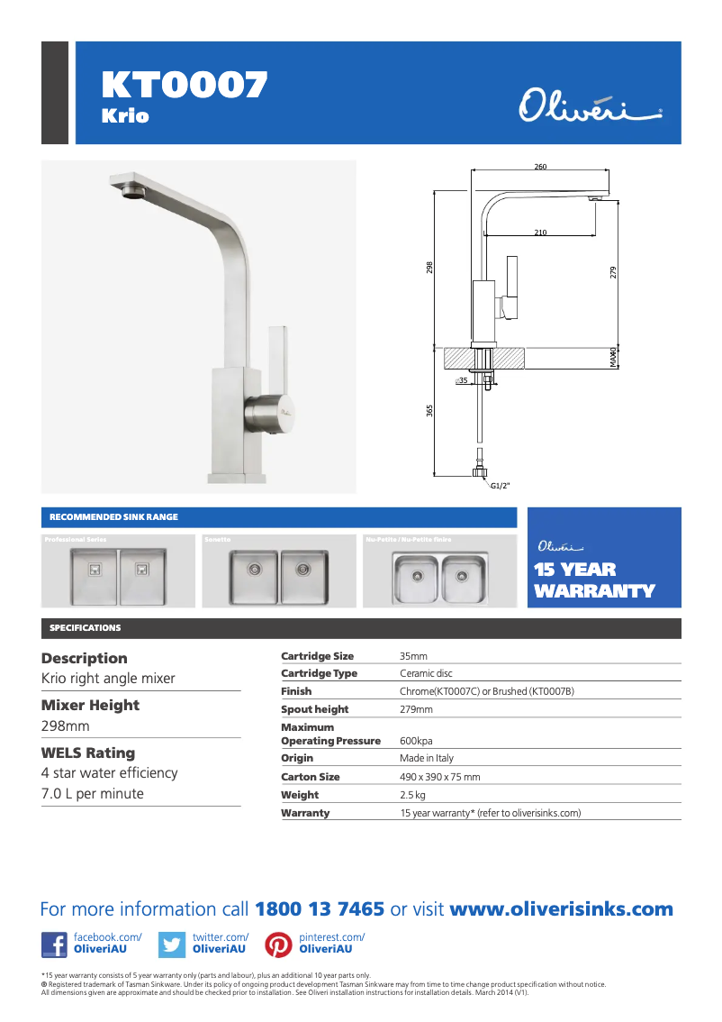 Page 1 de la notice Fiche technique Oliveri Krio KT0007