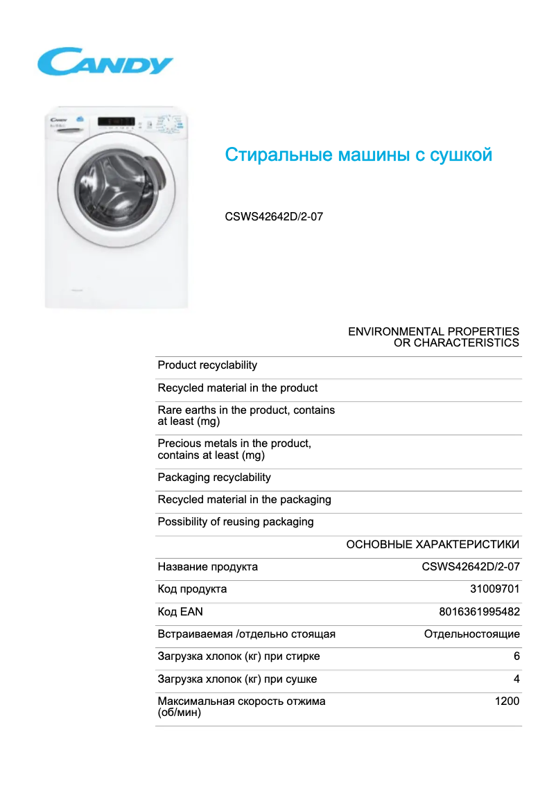 Page 1 de la notice Fiche technique Candy CSWS42642D/2-07