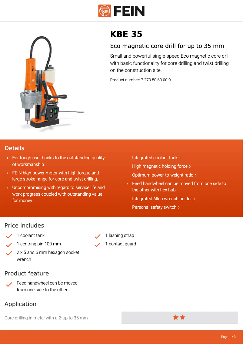 Page 1 de la notice Fiche technique Fein KBE 35