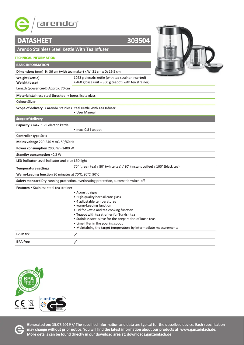Page 1 de la notice Fiche technique Arendo Deniz 303504
