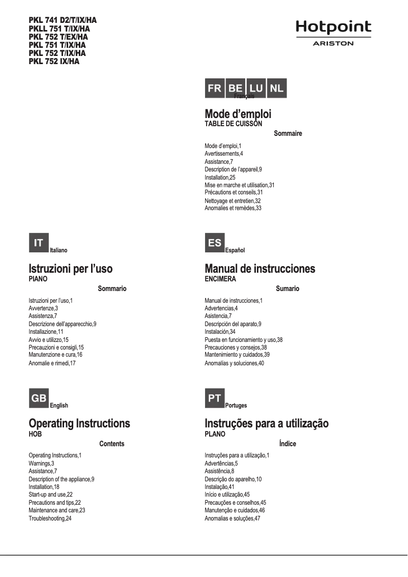 Page 1 de la notice Manuel utilisateur Hotpoint PKL 752 T/IX/HA