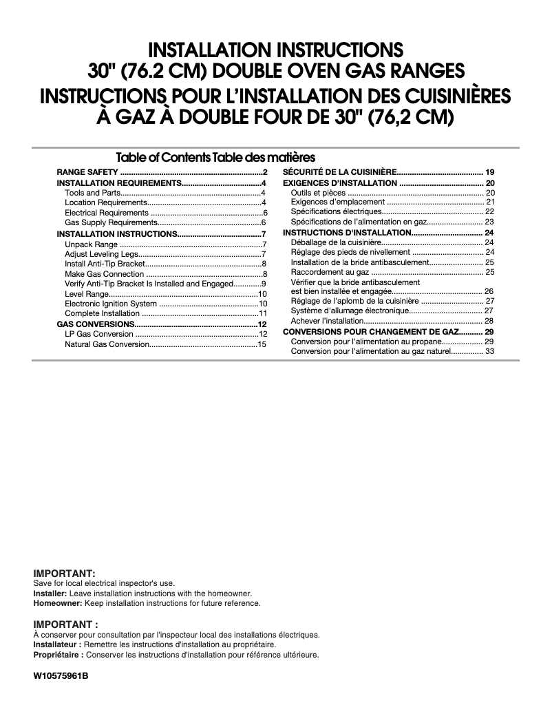 Page 1 de la notice Guide d'installation Whirlpool WGG745S0FE