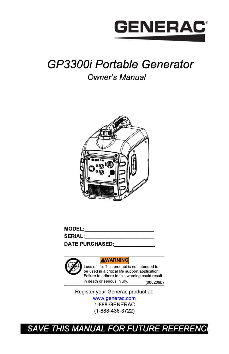 Page n°1 - Manuel utilisateur Generac GP3300i