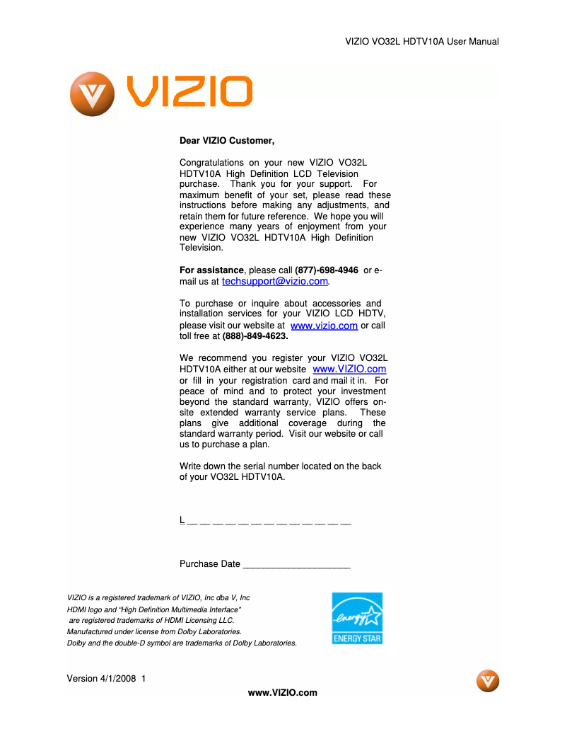 Page 1 de la notice Manuel utilisateur VIZIO VO32L