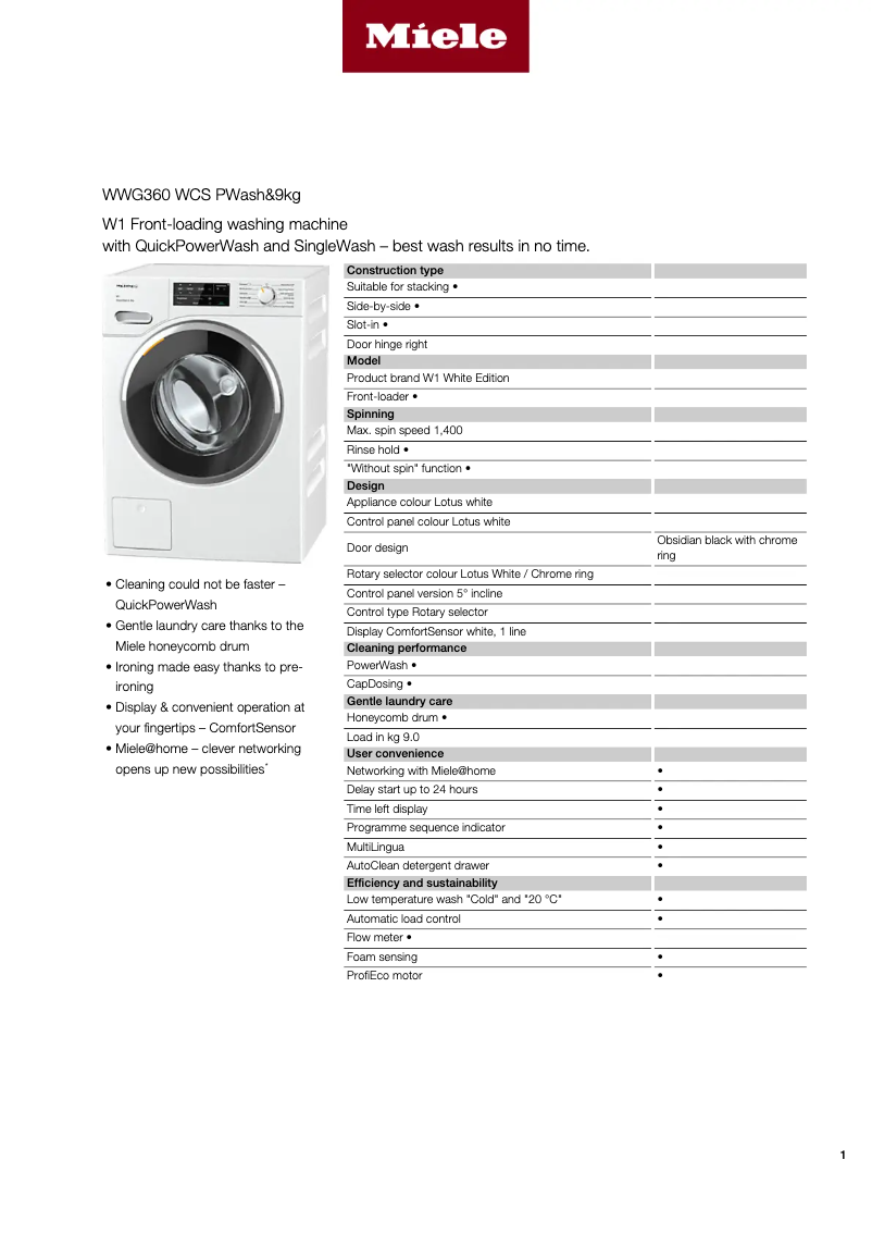 Page 1 de la notice Fiche technique Miele WWG 360 WCS