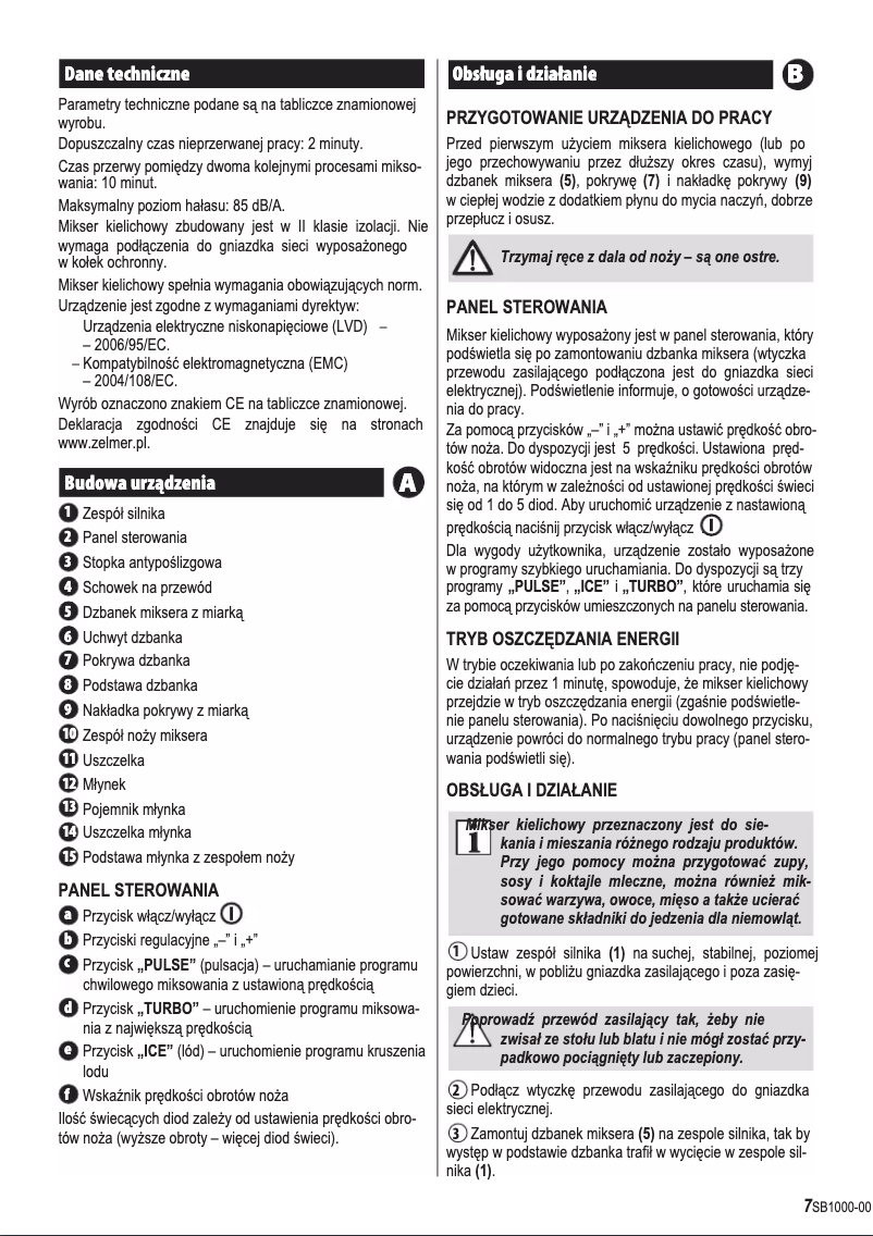 Page 1 de la notice Manuel utilisateur Zelmer SB1000