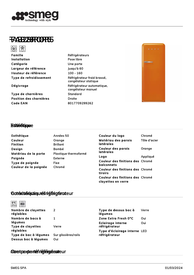 Page 1 de la notice Fiche technique Smeg FAB28ROR5