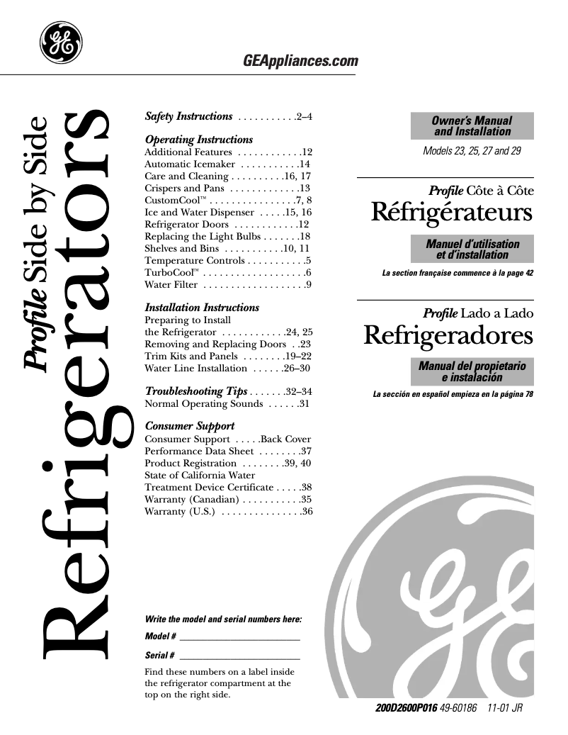 Page 1 de la notice Manuel d'utilisation et d'entretien GE Profile Arctica PSS27NGNWW