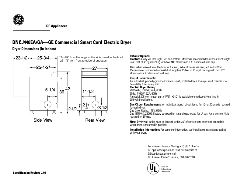 Page 1 de la notice Fiche technique GE DNCJ440EAWC