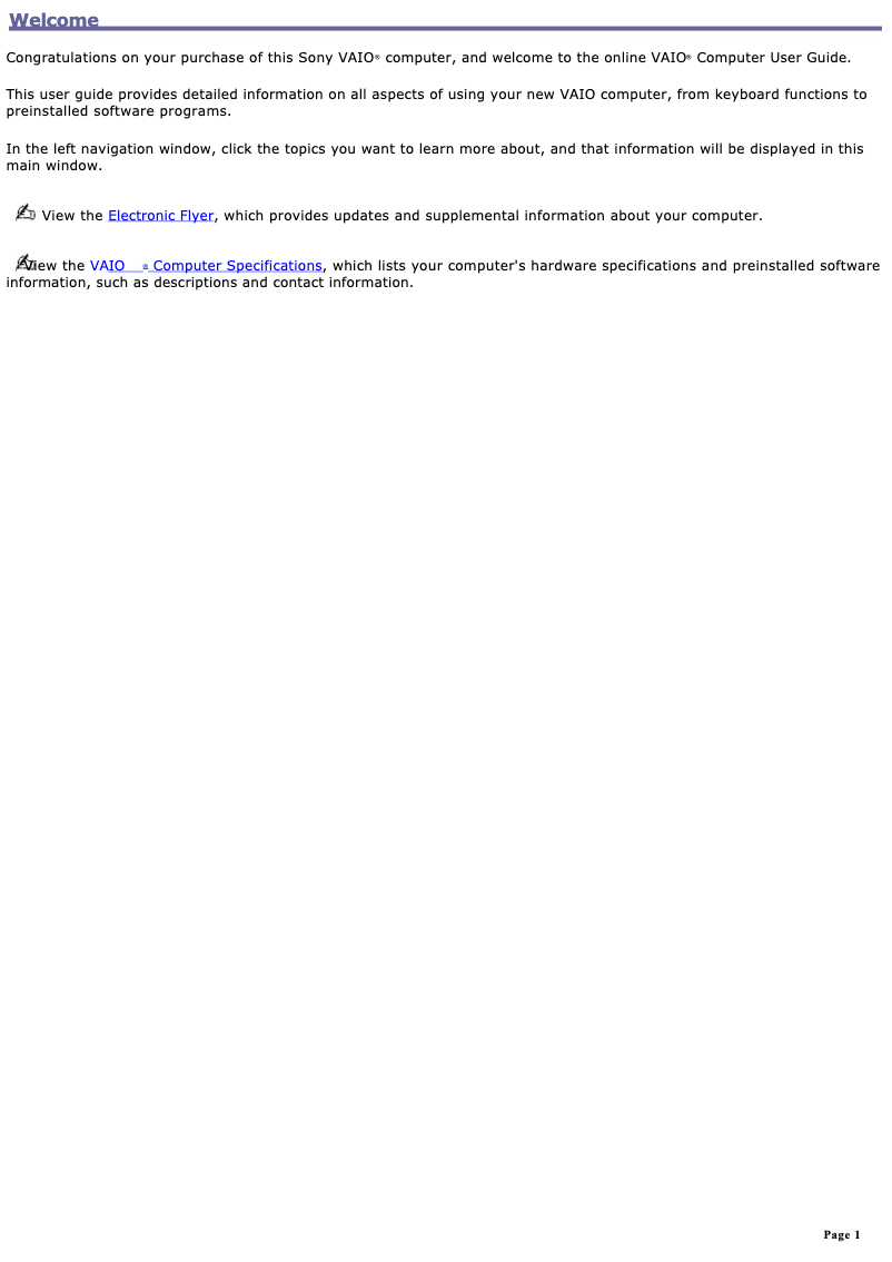 Page 1 de la notice Manuel utilisateur Sony Vaio PCG-GRT160