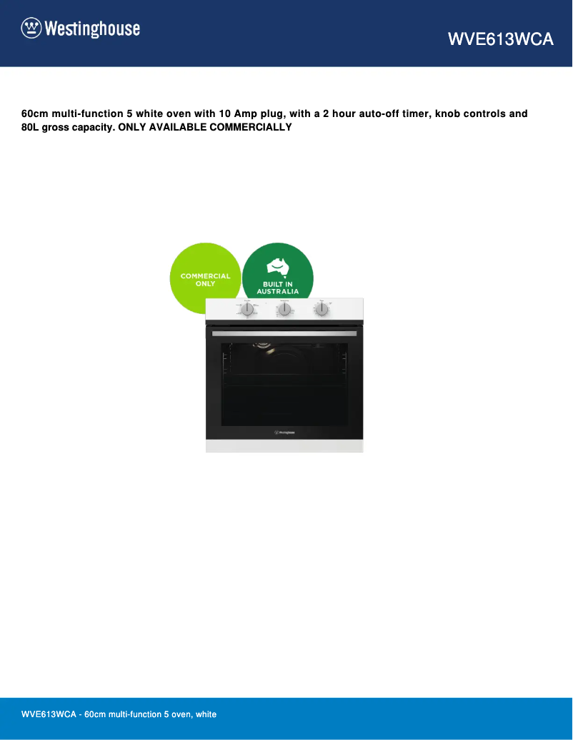 Page 1 de la notice Fiche technique Westinghouse WVE613WCA