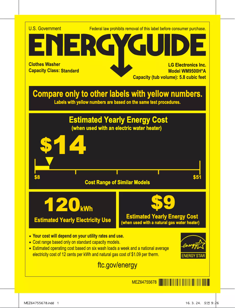 Page n°1 - Label énergétique LG WM9500H