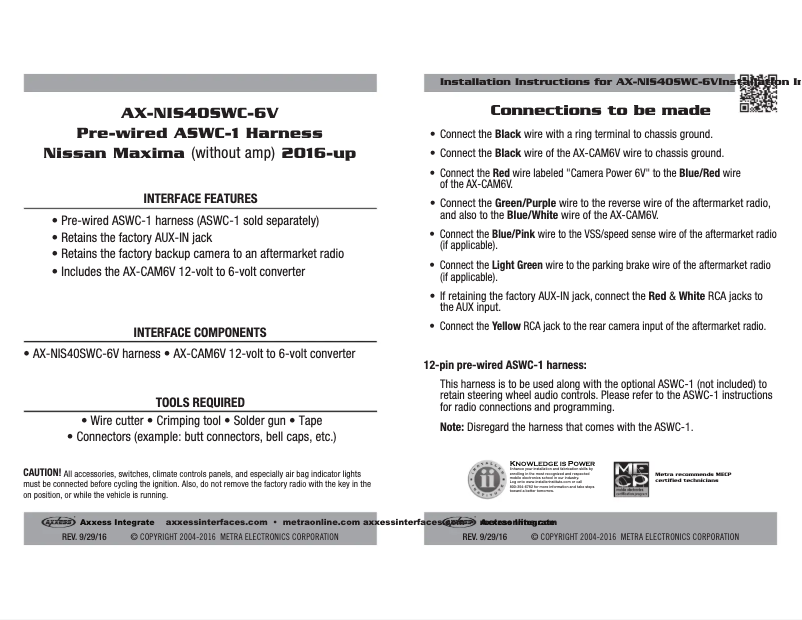 Page n°1 - Manuel utilisateur Metra AX-NIS40SWC-6V