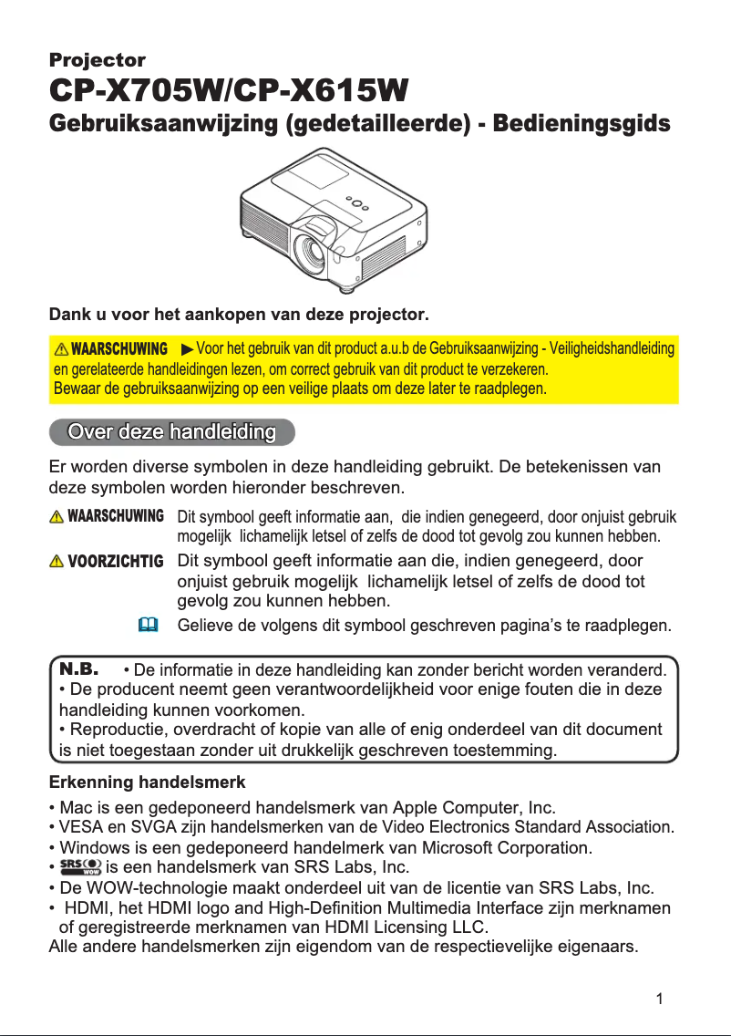 Page 1 de la notice Manuel utilisateur Hitachi CP-X615W