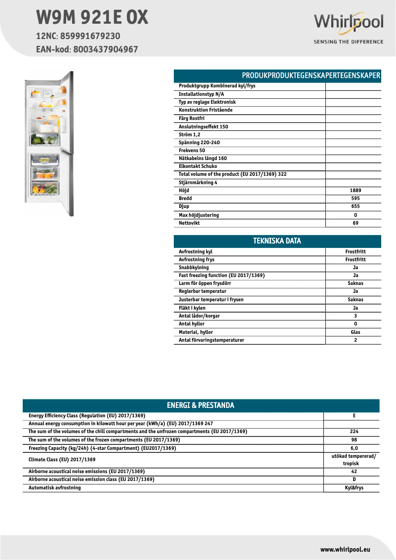 Page n°1 - Fiche technique Whirlpool W9M 921E OX